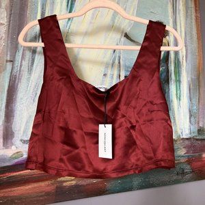 NONCHALANT LABEL Sz L Women's Burgundy Charli Crop 100% Silk Top